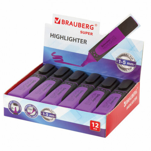 Текстовыделитель BRAUBERG SUPER, ФИОЛЕТОВЫЙ, прорезиненный корпус, линия 1-5 мм, 151743