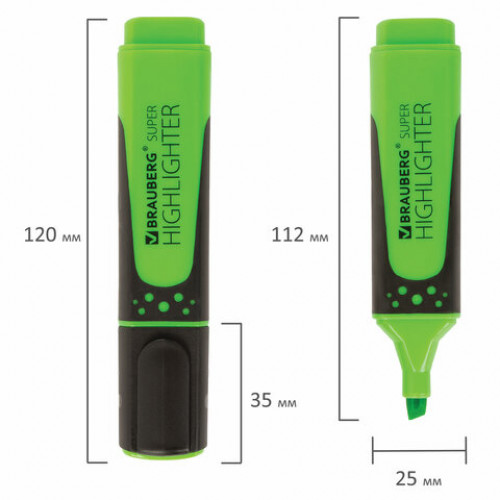 Текстовыделитель BRAUBERG SUPER, ЗЕЛЕНЫЙ, прорезиненный корпус, линия 1-5 мм, 151739