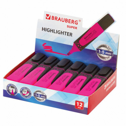 Текстовыделитель BRAUBERG SUPER, РОЗОВЫЙ, прорезиненный корпус, линия 1-5 мм, 151740
