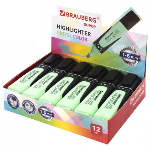 Текстовыделитель BRAUBERG SUPER PASTEL, МЯТА, прорезиненный корпус, линия 1-5 мм, 151748