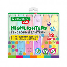 Набор текстовыделителей мини 12 ЦВЕТОВ BRAUBERG KIDS CUTE CATS, линия 1-5 мм, 152437