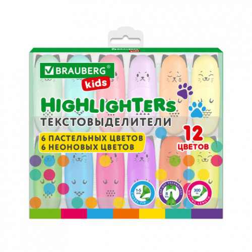 Набор текстовыделителей мини 12 ЦВЕТОВ BRAUBERG KIDS CUTE CATS, линия 1-5 мм, 152437