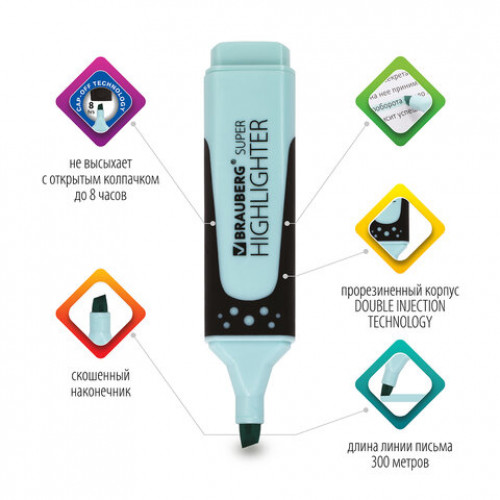Текстовыделитель BRAUBERG SUPER PASTEL, БИРЮЗОВЫЙ, прорезиненный корпус, линия 1-5 мм, 151752