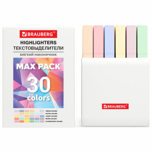 Набор текстовыделителей 30 ЦВЕТОВ BRAUBERG SUPER MIX, линия 1-5 мм, мягкий скошенный наконечник, 152539