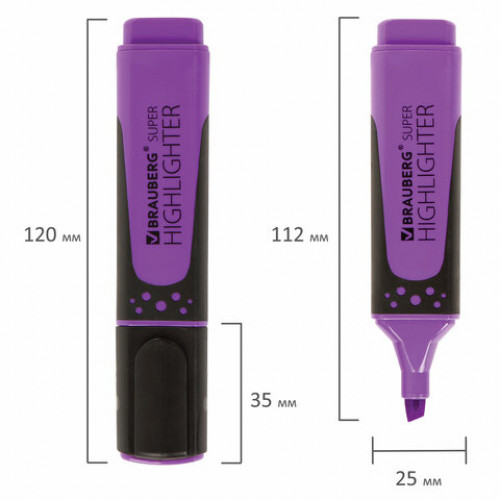 Текстовыделитель BRAUBERG SUPER, ФИОЛЕТОВЫЙ, прорезиненный корпус, линия 1-5 мм, 151743
