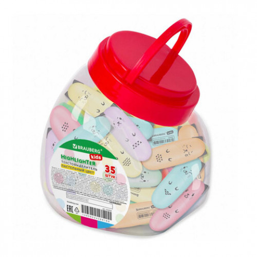 Текстовыделитель мини BRAUBERG KIDS CUTE CATS PASTEL, АССОРТИ В ПЛАСТИКОВОЙ БАНКЕ, линия 1-5 мм, 152434.