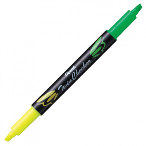 Текстовыделитель двусторонний PENTEL (Япония), ЖЕЛТЫЙ/САЛАТОВЫЙ, Twin Checker, линия 3,5 мм, SLW8-GK