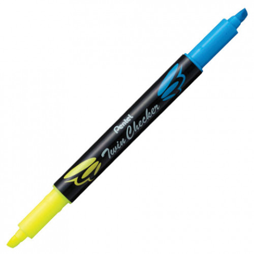 Текстовыделитель двусторонний PENTEL (Япония), ЖЕЛТЫЙ/ГОЛУБОЙ, Twin Checker, линия 3,5 мм, SLW8-GS