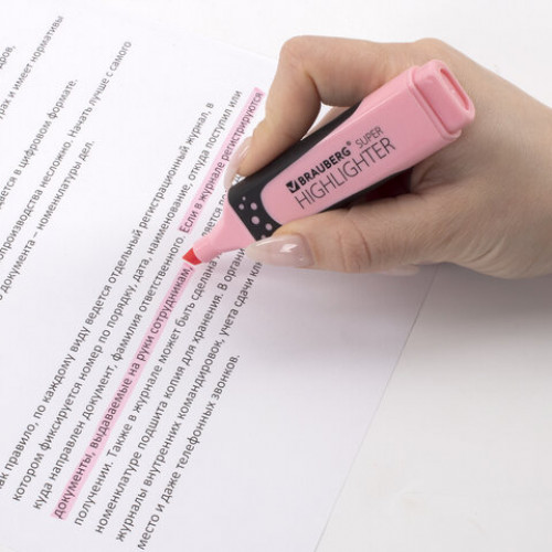 Текстовыделитель BRAUBERG SUPER PASTEL, ПАСТЕЛЬНЫЙ РОЗОВЫЙ, прорезиненный корпус, линия 1-5 мм, 151753
