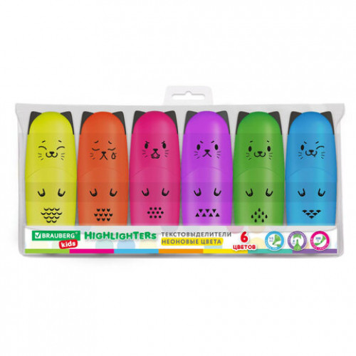 Набор текстовыделителей мини 6 ЦВЕТОВ BRAUBERG KIDS CUTE CATS NEON, линия 1-5 мм, 152435