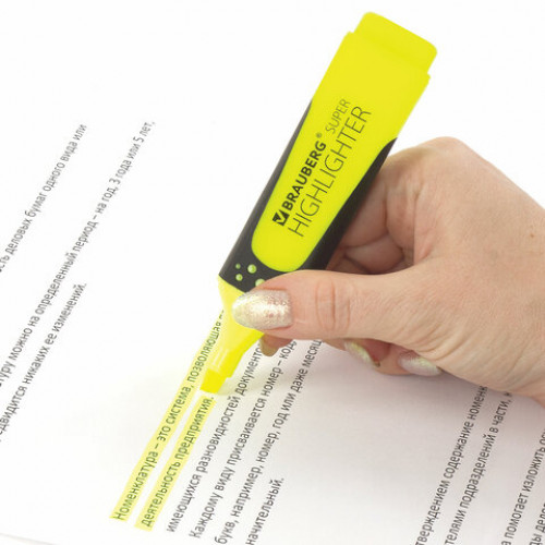Текстовыделитель BRAUBERG SUPER, ЖЕЛТЫЙ, прорезиненный корпус, линия 1-5 мм, 151738