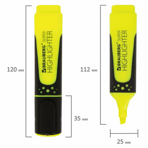 Текстовыделитель BRAUBERG SUPER, ЖЕЛТЫЙ, прорезиненный корпус, линия 1-5 мм, 151738