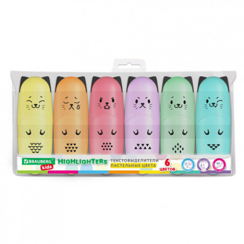 Набор текстовыделителей мини 6 ЦВЕТОВ BRAUBERG KIDS CUTE CATS PASTEL, линия 1-5 мм, 152436