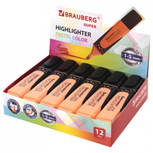 Текстовыделитель BRAUBERG SUPER PASTEL, ПЕРСИКОВЫЙ, прорезиненный корпус, линия 1-5 мм, 151750