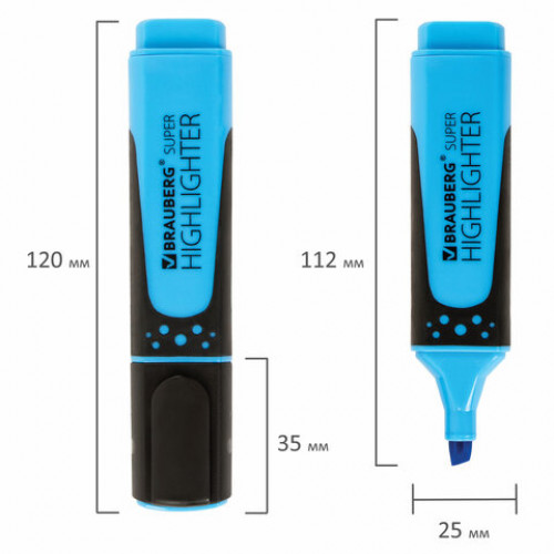 Текстовыделитель BRAUBERG SUPER, ГОЛУБОЙ, прорезиненный корпус, линия 1-5 мм, 151742