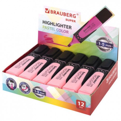 Текстовыделитель BRAUBERG SUPER PASTEL, ПАСТЕЛЬНЫЙ РОЗОВЫЙ, прорезиненный корпус, линия 1-5 мм, 151753