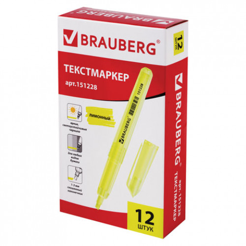 Текстовыделитель BRAUBERG Vivid, ЖЕЛТЫЙ, круглый корпус, линия 1-3 мм, 151228