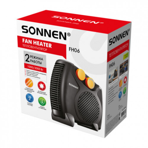 Тепловентилятор SONNEN FH06, механическое управление, 2000Вт, 2 режима обогрева, спиральный нагревательный элемент, черный/оранжевый, 457781