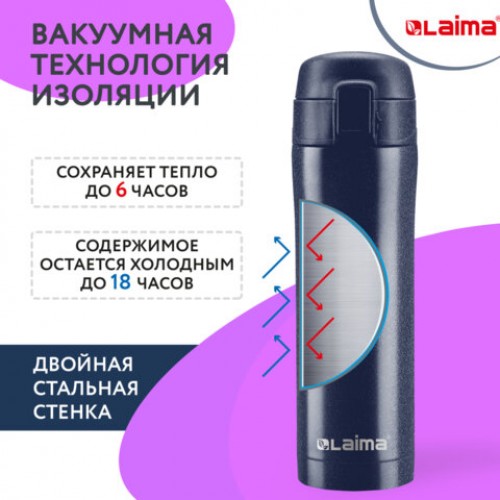 Термокружка с двойной стальной стенкой 470 мл, цвет благородный тёмно-синий металлик, LAIMA, 608821