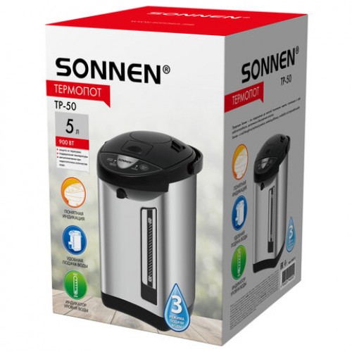 Термопот SONNEN TP-50, 5 л, 900 Вт, 1 температурный режим, 3 режима подачи воды, сталь, белый/серебро, 456711