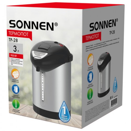 Термопот SONNEN TP-28, 3 л, 900 Вт, 1 температурный режим, ручной насос, сталь, черный/серебро, 456712