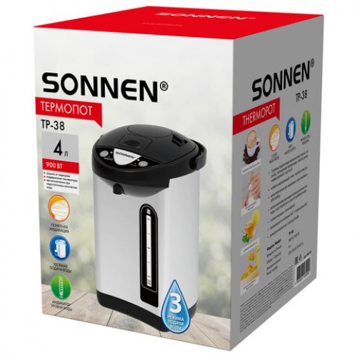 Термопот SONNEN TP-38, 4 л, 900 Вт, 1 температурный режим, 3 режима подачи воды, сталь, черный/серебро, 456710