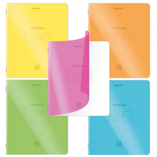 Тетрадь пластиковая обложка (НЕОН) 12 листов, линия, BRAUBERG Smart Cover, АССОРТИ (микс в спайке), 405026