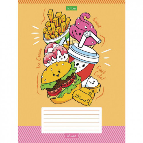 Тетрадь 18 л., HATBER ECO, клетка, обложка картон, Фастфуд пати (5 видов), 18Т5C1