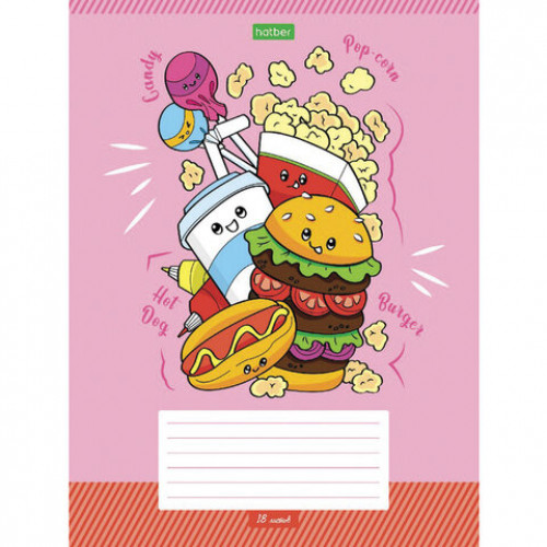 Тетрадь 18 л., HATBER ECO, клетка, обложка картон, Фастфуд пати (5 видов), 18Т5C1