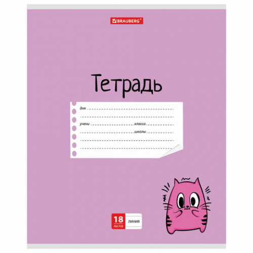 Тетрадь 18 л. BRAUBERG линия, обложка картон, МЯУ, 403581