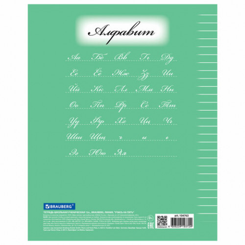 Тетрадь 12 л. BRAUBERG ЭКО 5-КА, линия, обложка плотная мелованная бумага, ЗЕЛЕНАЯ, 104763