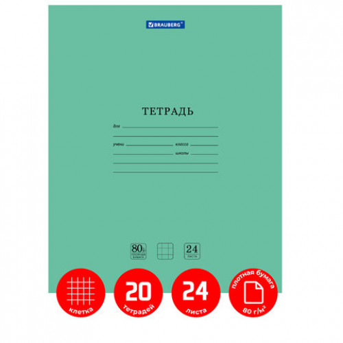 Тетради 24 л. КОМПЛЕКТ 20 шт. BRAUBERG EXTRA, клетка, плотная бумага 80 г/м2, обложка картон, 880072