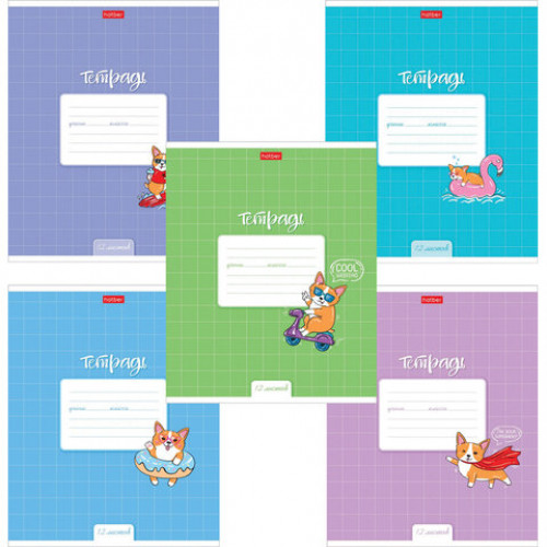 Тетрадь 12 л. HATBER клетка, обложка картон, Забавный корги (5 видов в спайке), 12Т5В1