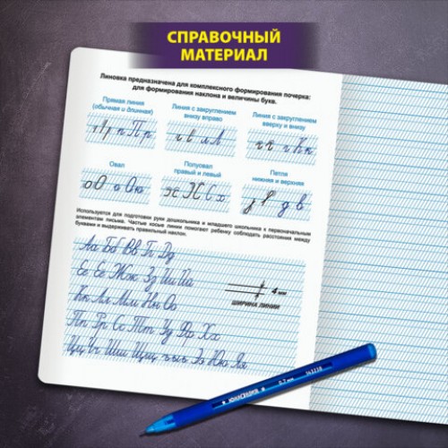 Тетрадь ПРОПИСЬ № 1 12 л. частая косая линия С ДОПОЛНИТЕЛЬНОЙ ГОРИЗОНТАЛЬНОЙ, со справочным материалом, ЮНЛАНДИЯ, 404854