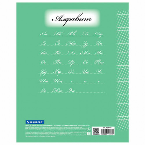 Тетрадь 12 л. BRAUBERG ЭКО 5-КА, частая косая линия, обложка плотная мелованная бумага, ЗЕЛЕНАЯ, 104766