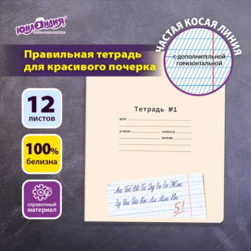 Тетрадь ПРОПИСЬ № 1 12 л. частая косая линия С ДОПОЛНИТЕЛЬНОЙ ГОРИЗОНТАЛЬНОЙ, со справочным материалом, ЮНЛАНДИЯ, 404854