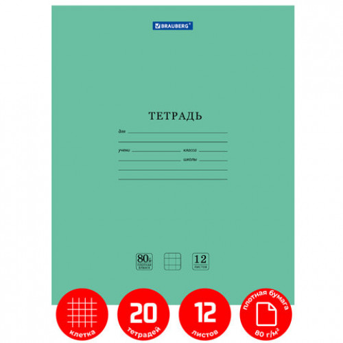 Тетради 12 л. КОМПЛЕКТ 20 шт. BRAUBERG EXTRA, клетка, плотная бумага 80 г/м2, обложка картон, 880068
