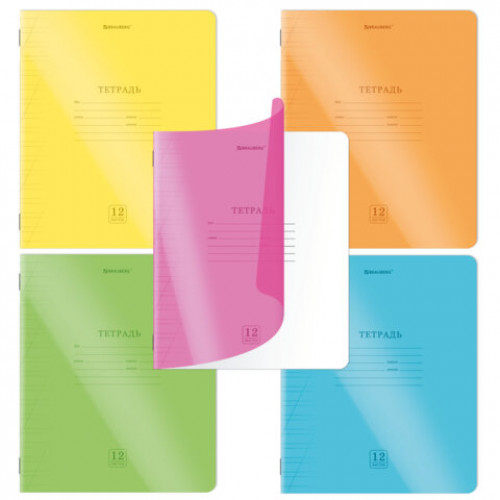 Тетрадь пластиковая обложка (НЕОН) 12 листов, косая линия, BRAUBERG Smart Cover, АССОРТИ (микс в спайке), 405027