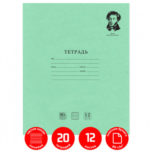 Тетради 12 л. КОМПЛЕКТ 20 шт. BRAUBERG ВЕЛИКИЕ ИМЕНА, частая косая С ДОПОЛНИТЕЛЬНОЙ ГОРИЗОНТАЛЬНОЙ, 80 г/м,880022