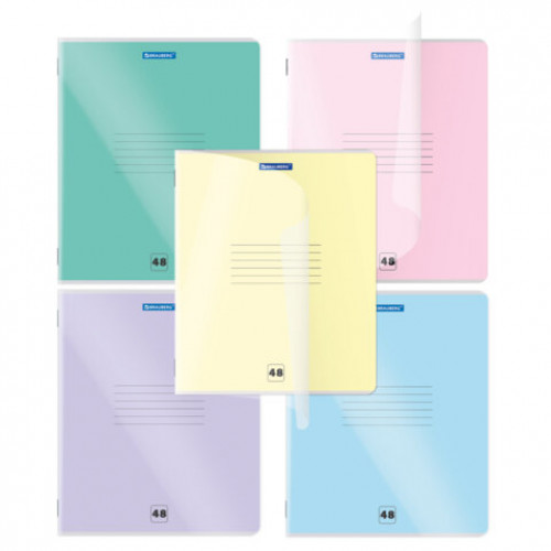 Тетрадь пластиковая обложка (прозрачная) А5 48 листов, скоба, клетка, BRAUBERG Smart Cover, АССОРТИ (микс в спайке), 405041