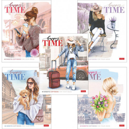 Тетрадь А5, 48 л., HATBER, скоба, клетка, матовая ламинация, Happy time (5 видов в спайке), 48Т5лВ1