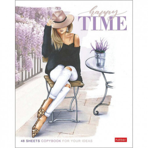 Тетрадь А5, 48 л., HATBER, скоба, клетка, матовая ламинация, Happy time (5 видов в спайке), 48Т5лВ1