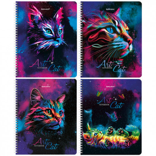 Тетради ДЭК А5 48 л. КОМПЛЕКТ 4 шт., BRAUBERG, гребень, клетка, TWIN лак, Neon Cats, 404660