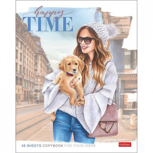 Тетрадь А5, 48 л., HATBER, скоба, клетка, матовая ламинация, Happy time (5 видов в спайке), 48Т5лВ1