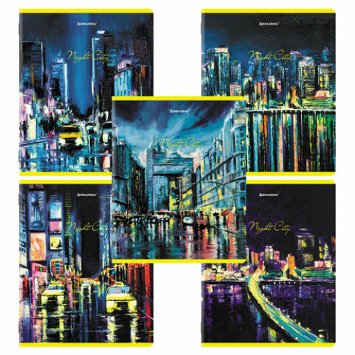 Тетради КОМПЛЕКТ 5 шт. А5, 48 л., BRAUBERG, скоба, клетка, TWIN лак, Night City, 404396