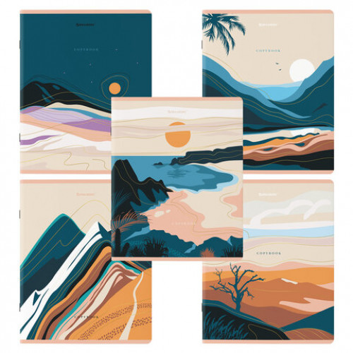 Тетради КОМПЛЕКТ 5 шт. А5, 48 л., BRAUBERG, скоба, клетка, SoftTouch, фольга, Mountains, 404400
