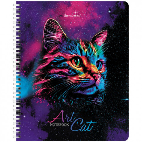 Тетради ДЭК А5 48 л. КОМПЛЕКТ 4 шт., BRAUBERG, гребень, клетка, TWIN лак, Neon Cats, 404660