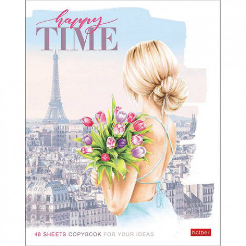 Тетрадь А5, 48 л., HATBER, скоба, клетка, матовая ламинация, Happy time (5 видов в спайке), 48Т5лВ1