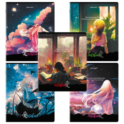 Тетради ДЭК А5 48 л. КОМПЛЕКТ 5 шт., BRAUBERG скоба, клетка, глянцевый лак, Anime Dreams, 404674