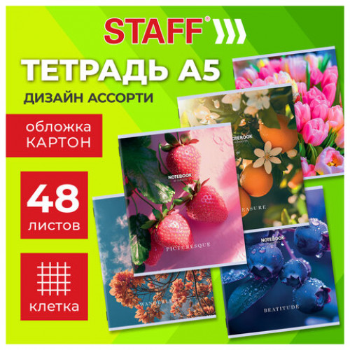 Тетрадь А5 48 л. STAFF College, скоба, клетка, офсет №2 ЭКОНОМ, обложка картон, ПРИРОДА, 405626